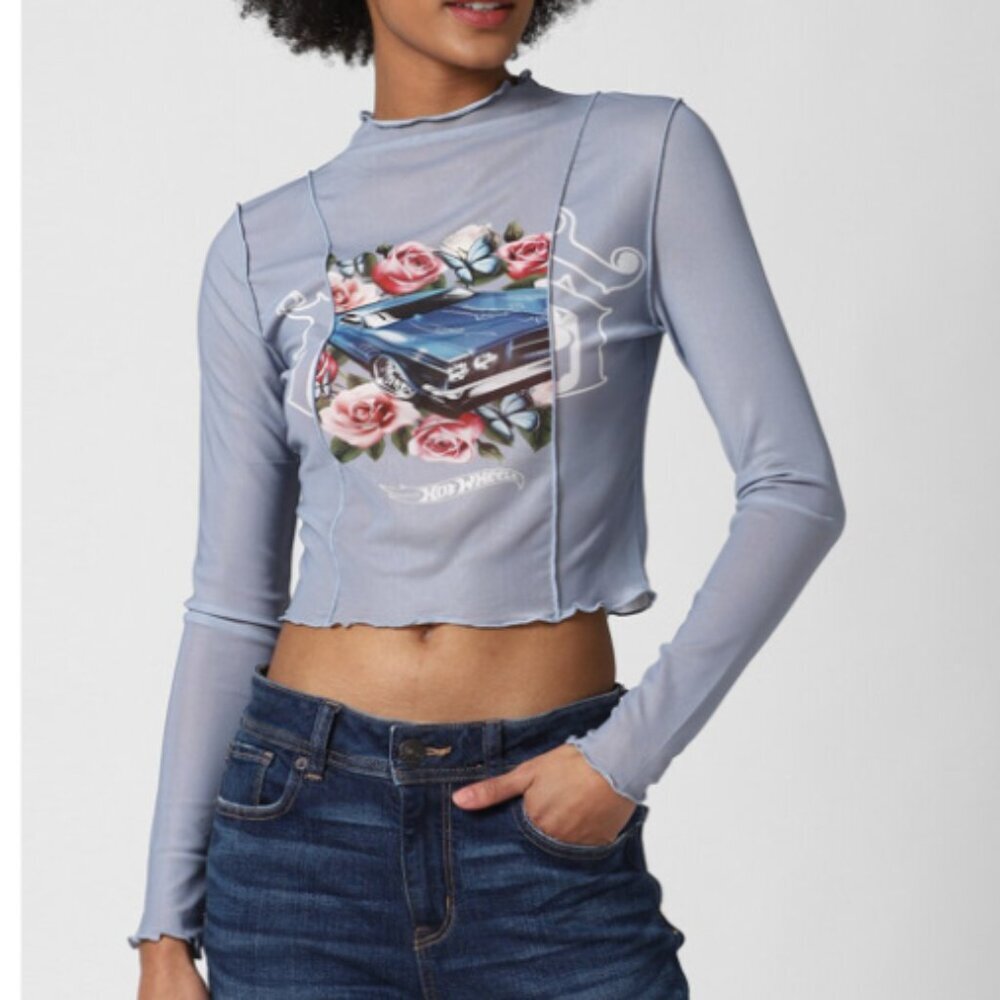 New FOREVER 21‎ size Small Blue Mesh Hot Wheels Printed Crop Top Festival